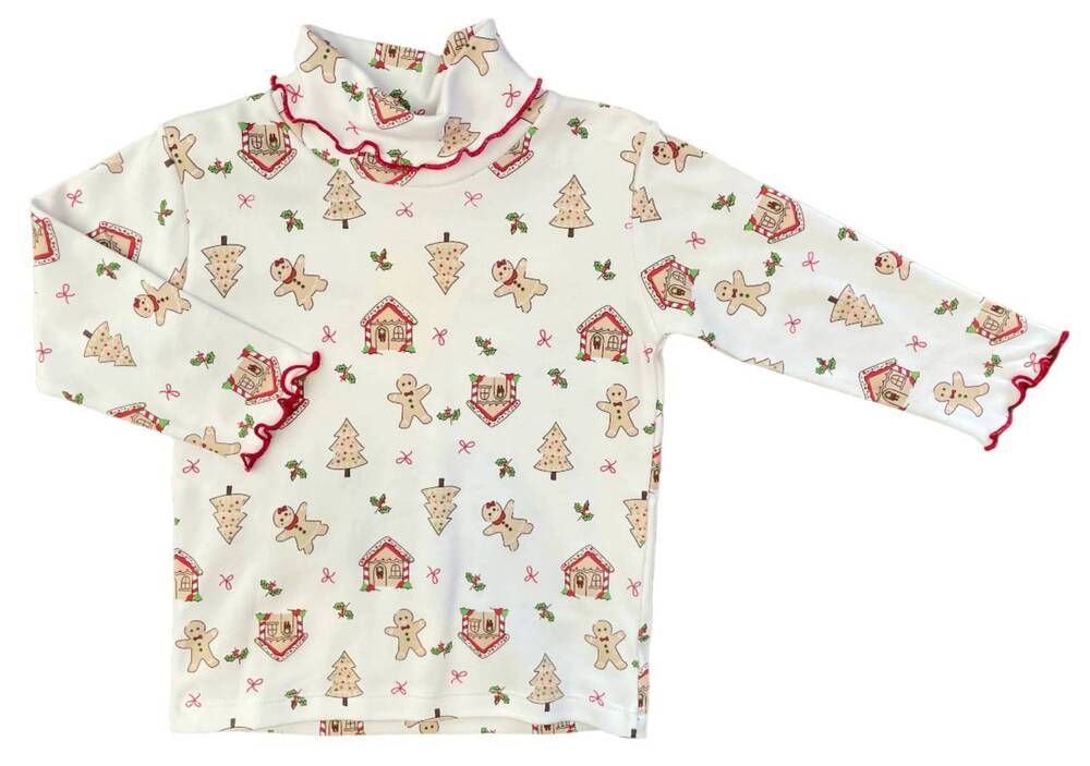 NEW LUIGI KIDS girl's gingerbread print lettuce edge turtleneck top in white /re